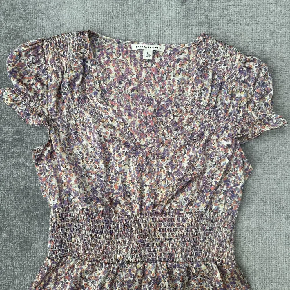 Banana Republic Purple Floral Smocked Waist Blouse